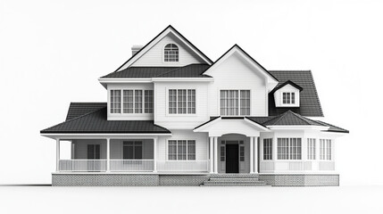 Classic white house with gabled roof and porch on white background