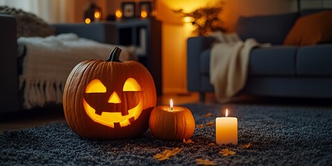 A Glowing Jack O Lantern And Candles In A Living Room