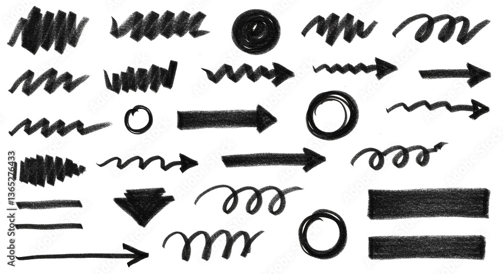 Poster sketch marks set with hand drawn arrows circles and scribbles for graphic design and drawing tools