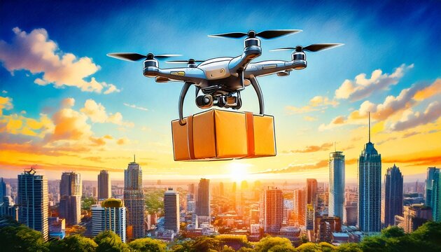 drone carregando pacote pelo c&eacute;u da cidade