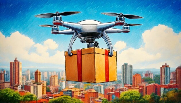 drone carregando pacote pelo c&eacute;u da cidade