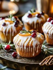 Festive citrus muffins with white glaze, cranberries, and rosemary on a decorative tray