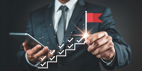 Business Success and Goal Achievement Concept with Businessman Drawing Checkmarks on Virtual Staircase Leading to Red Flag Marker