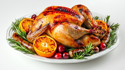 Holiday Roast Turkey with Grilled Oranges, Sausages, and Herbs on White Plate
