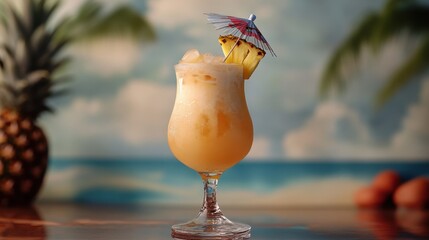 A vibrant tropical pia colada in a hurricane glass, garnished with a pineapple slice and a cocktail umbrella, set against a beach backdrop.