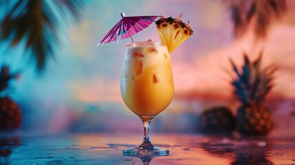 A vibrant tropical pia colada in a hurricane glass, garnished with a pineapple slice and a cocktail umbrella, set against a beach backdrop.