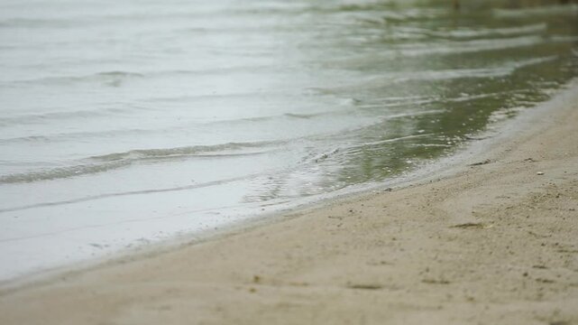 Calm water surf with sandy shore at an overcast day middle shot