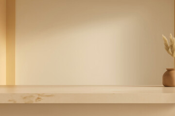 Naklejka premium A brown background with studio wall shadows on a podium for product display. An empty kitchen interior with light on the 3D beige floor, and a blurred sunlight gradient on a cream-colored backdrop.