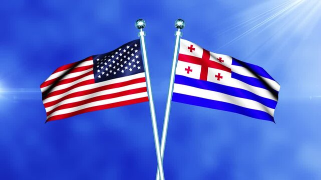 USA and Ajaria Flag Waving On Pole Seamless Loop. Flag Of The USA and Ajaria