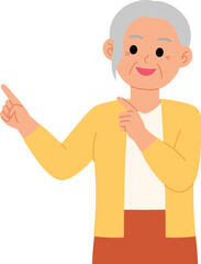 smiling  senior woman pointing finger to presenting illustration