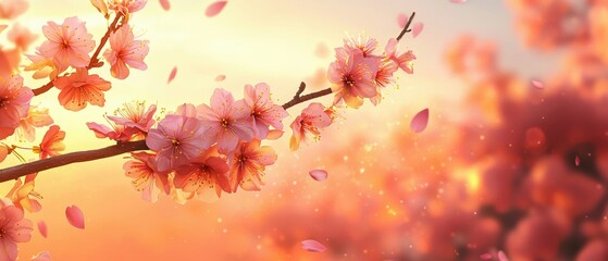Delicate cherry blossoms blooming against a soft pink sunset backdrop