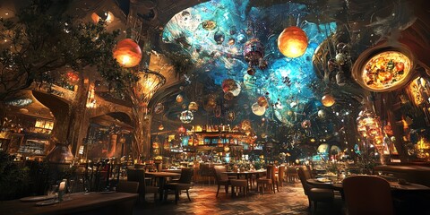 Opulent, dimly lit restaurant interior.  Intricate stone arches, ornate chandeliers, and candlelight create a magical ambiance.