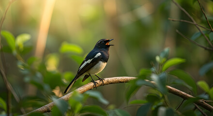 Oriental magpie robin perched on a branch singing in tranquil sunlight