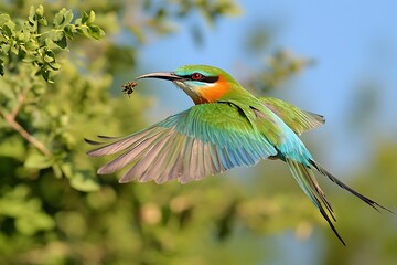 Colorful green bee-eater bird in flight, wildlife photography, vibrant feathers, closeup action shot, natural bokeh background