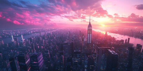 Fototapeta premium Stunning aerial view of a city skyline at sunset. Pink and purple clouds create a dramatic backdrop to the skyscrapers.