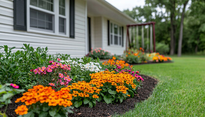 vibrant garden featuring colorful flowers in bloom, enhancing beauty of home exterior with lush greenery and well maintained landscaping