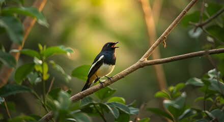 Oriental magpie-robin perched on a branch singing in a lush green environment