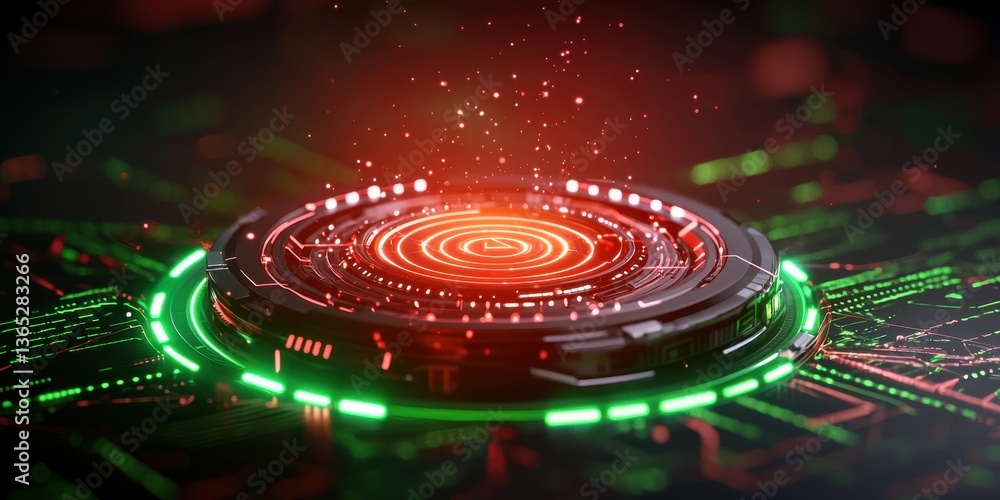 Poster futuristic circular interface glowing with red and green lights suggesting advanced technology and i