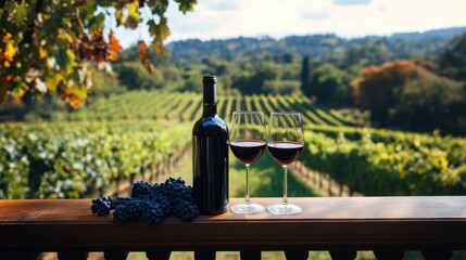 A bottle of wine and two wine glasses on a balcony, overlooking a beautiful vineyard with rows of grapes in the distance.