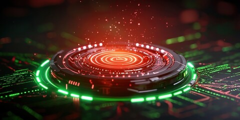 Futuristic Circular Interface Glowing with Red and Green Lights Suggesting Advanced Technology and Innovation