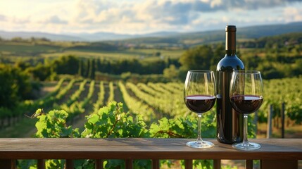 A bottle of wine and two wine glasses on a balcony, overlooking a beautiful vineyard with rows of grapes in the distance.