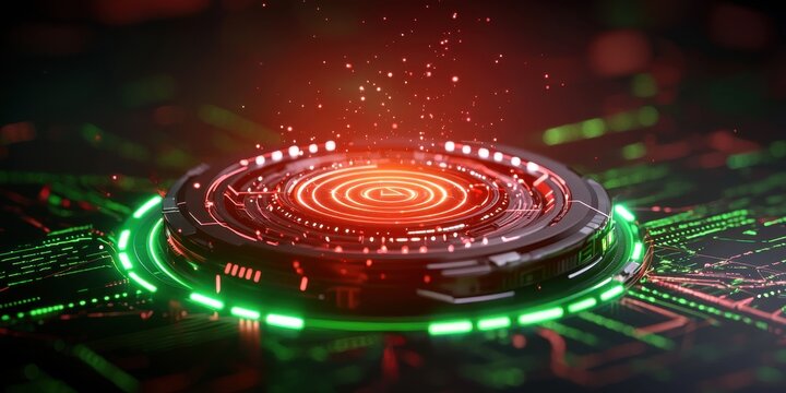 Futuristic Circular Interface Glowing with Red and Green Lights Suggesting Advanced Technology and Innovation