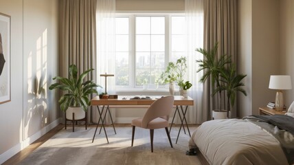 Obraz premium Bedroom workspace area with desk, chair, and plants. Natural light and neutral tones create a calm and inviting atmosphere.