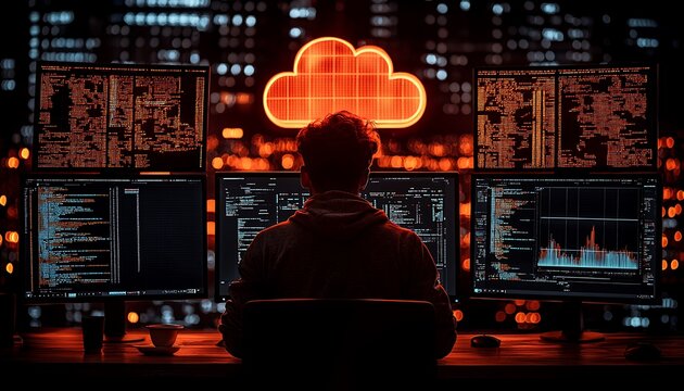 A person is working at a computer using digital code