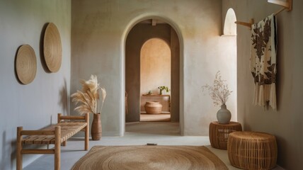 Warm and inviting interior featuring natural materials, arched doorways, and neutral tones, creating a serene atmosphere.