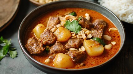 A bowl of Thai Massaman curry with chunks of beef, potatoes, and peanuts, served with jasmine rice on the side.