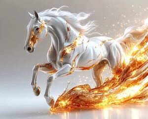 A majestic white horse gallops through golden flowing energy