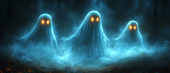 Three spectral beings with glowing eyes haunt a dark misty scene