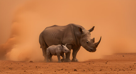 Fototapeta premium Rhino mother protects her calf during intense dust storm in arid landscape