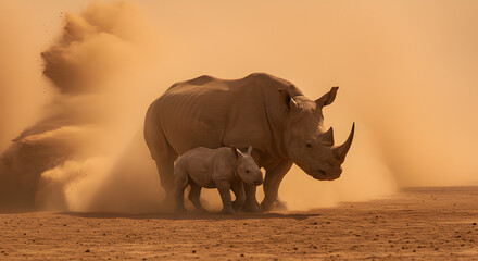 Fototapeta premium Rhino Mother Protects Calf During African Dust Storm in Harsh Environment