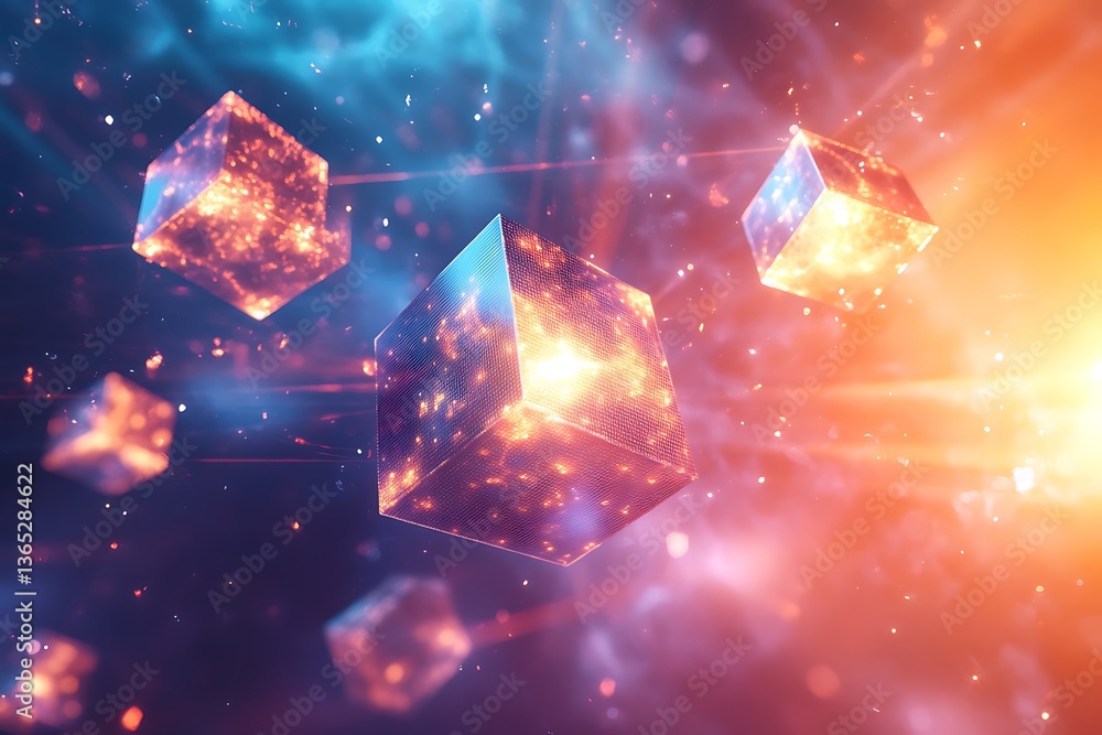 Poster a sci-fi inspired 3d visualization of cubes suspended with luminous effects.