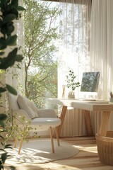 Minimalist home office workspace showcasing organic curves and bamboo accents