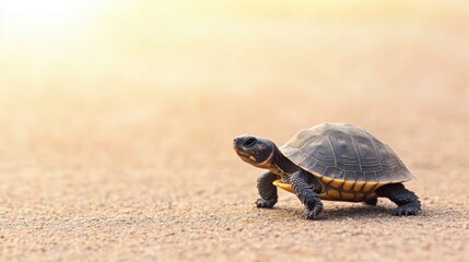 Obraz premium A small turtle walks on a sandy surface, showcasing its distinctive shell and curious demeanor under soft, warm lighting.