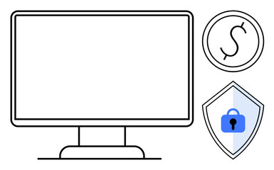 Computer monitor, dollar symbol in circle, shield with padlock. Ideal for online security, finance management, cybersecurity, e-commerce, secure transactions, financial protection and digital safety
