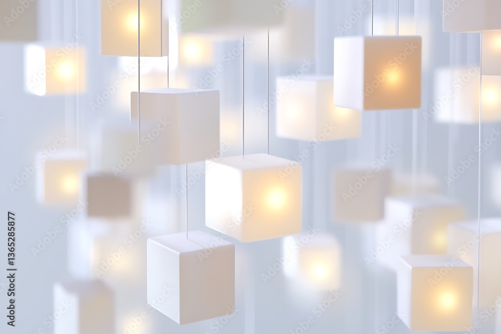 Poster a minimalist abstract scene showcasing suspended 3d objects in soft hues.
