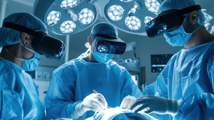 An AI powered virtual reality medical training center, surgeons practicing complex procedures in a hyper-realistic simulation, EdTech style