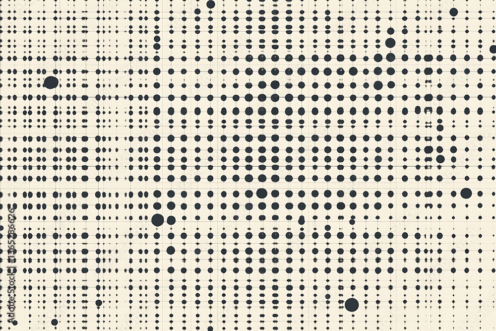 Poster a uniform gray background with scattered dots in varying dimensions.