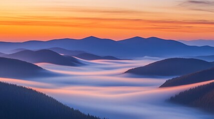 Fototapeta premium Spectacular flowing clouds over mountain peaks, resembling waterfalls due to long exposure. Misty atmosphere creates a dreamy landscape, highlighting nature’s beauty and dynamic weather patterns