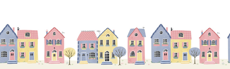 Cute hand drawn houses seamless pattern, french style with lots of fun details, cozy vibe - vector design
