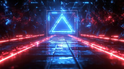 Neon Futuristic Corridor with Geometric Shapes