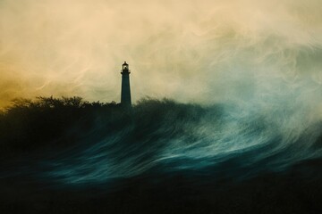 A solitary lighthouse stands on a dark, windswept coast, shrouded in mystery and atmospheric fog with golden sunset light.