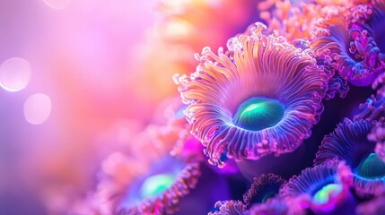 A vibrant close-up of colorful sea corals, showcasing intricate textures and glowing patterns in a dreamy underwater environment.