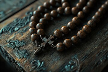 ['A wooden rosary with a silver cross is resting on an ornate carved wooden box, symbolizing faith and spirituality.']