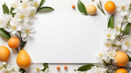 A white sheet of paper placed on a table surrounded by flowers in a flat lay composition, perfect for designs, invitations, and creative projects