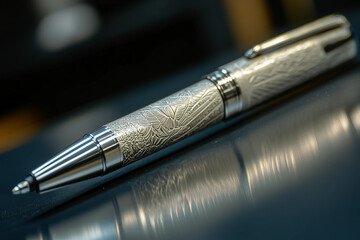 Naklejka premium A close-up shot of a luxury engraved pen with intricate detailing, showcasing its metallic finish and fine craftsmanship.