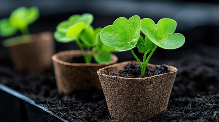 The image shows three small plants growing in brown seedling trays filled with dark soil.